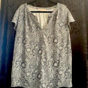 LOFT Plus Navy & White Floral Print Mixed Media Short Sleeve Blouse, Size 20